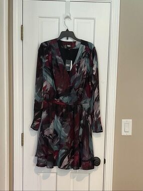 INC International Concepts Burgundy & Teal Abstract Long-Sleeve Dress